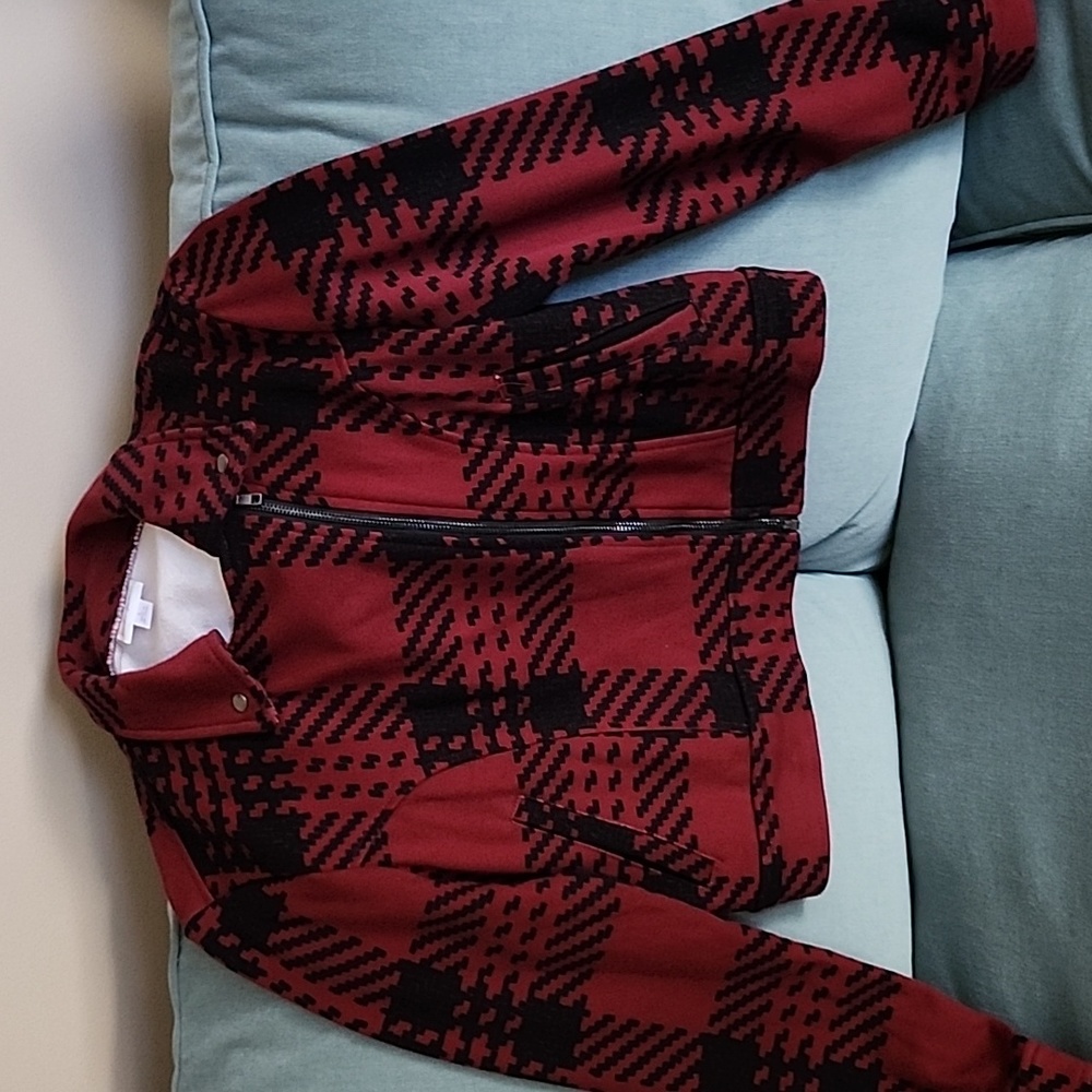 NWOT LuLaRoe Presley Moto-style Jacket red/black. Tag says L, inside tag says M.